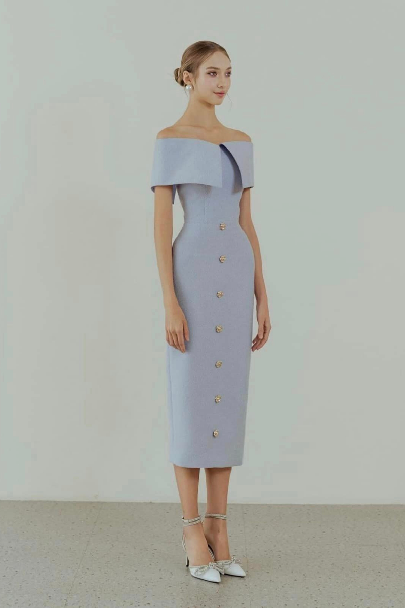 Pastel violet off-shoulder pencil midi dress by HACCHIC COUTURE, featuring a fitted silhouette and elegant design.