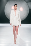 Ivory tweed suit blazer by HACCHIC COUTURE, tailored fit with classic lapels, showcasing textured fabric and stylish design.
