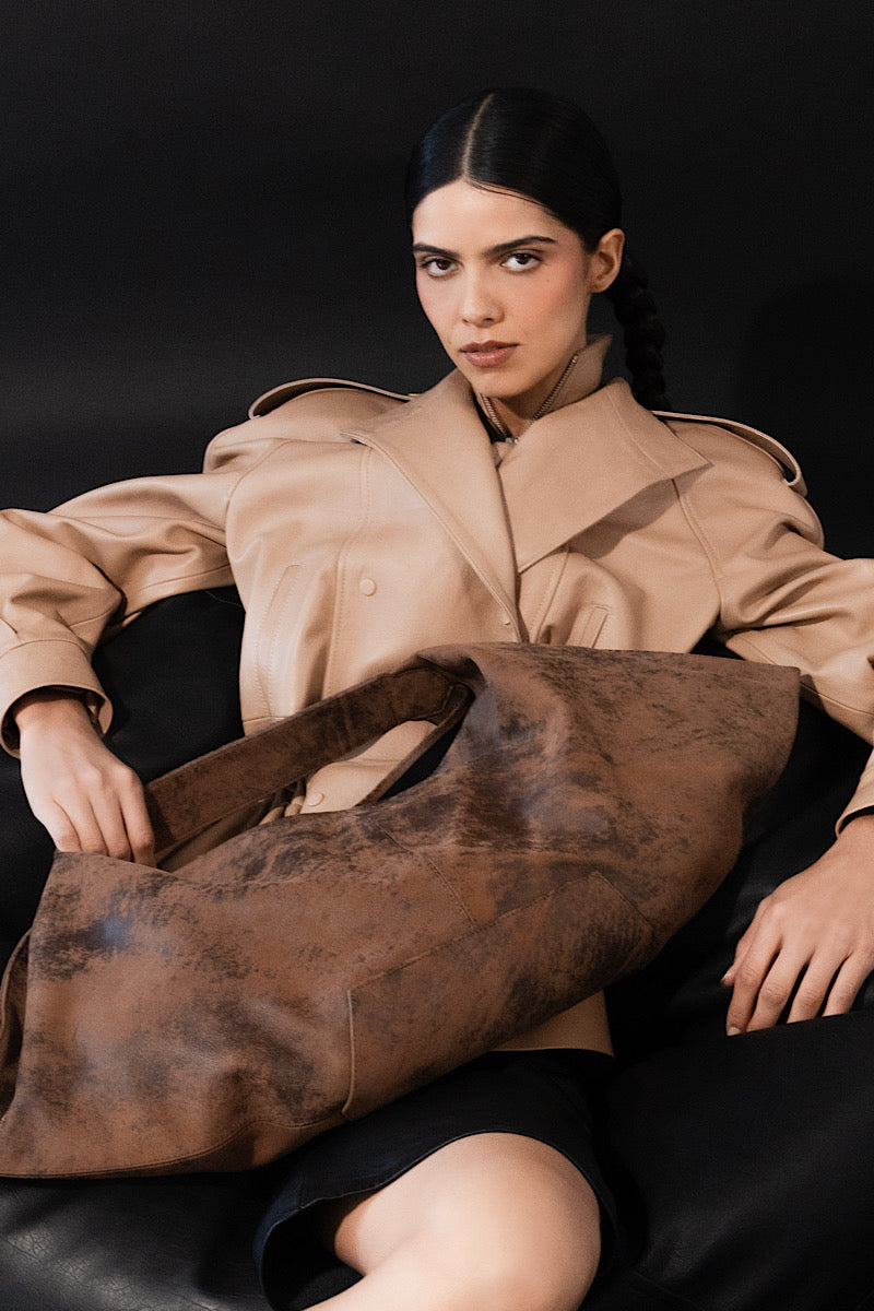 Double A Ophelia oversized leather shoulder bag in washed brown with textured leather and spacious design.