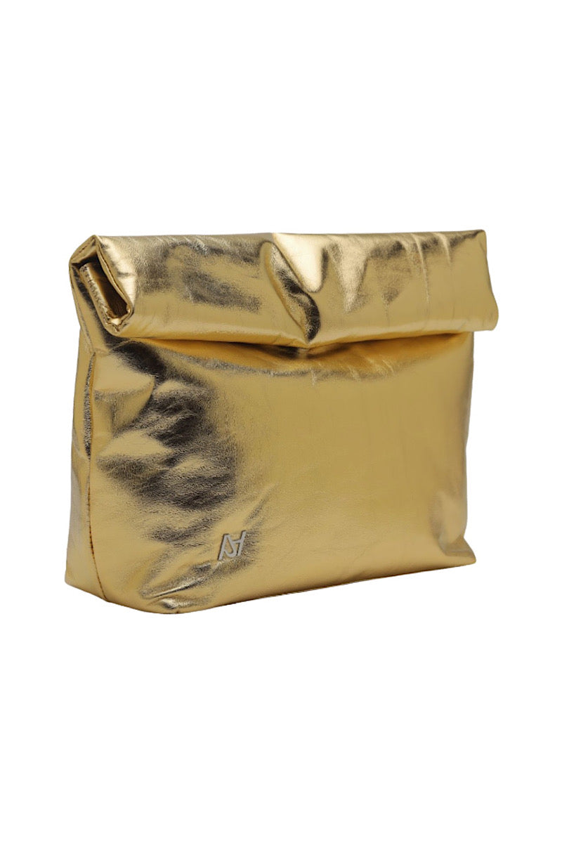 Double A Ariana leather clutch bag in gold with sleek design and compact shape, perfect for evening or special occasions.