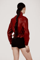 Red Bennett leather jacket by Double A, front view showing sleek design and smooth leather material.