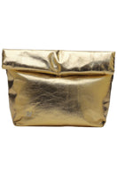 Double A Ariana leather clutch in gold with sleek design and compact size, perfect for elegant evening accessories.