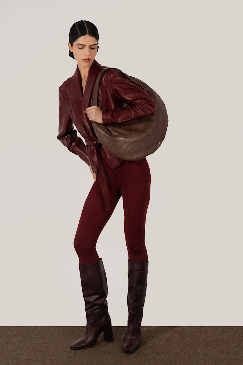 Double A Evan leather shoulder bag in brown crocodile-embossed leather with strap and gold-tone hardware.