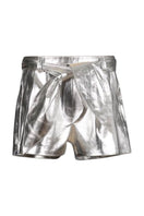 Silver leather shorts from Double A Moonbow collection, featuring a stylish fit and metallic finish, shown on a model.