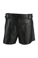 Black Moonbow leather shorts by Double A, showing a close-up of the sleek, fitted design with detailed stitching.