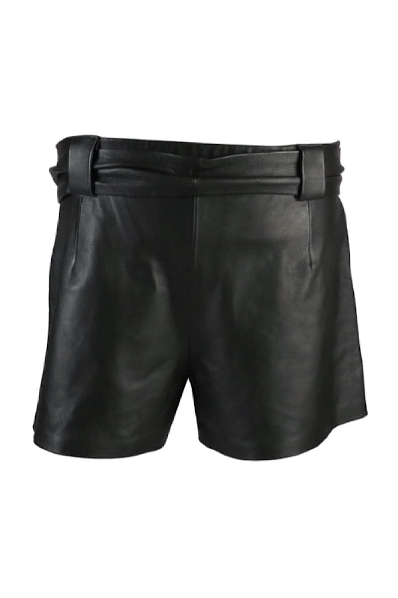 Black Moonbow leather shorts by Double A, showing a close-up of the sleek, fitted design with detailed stitching.