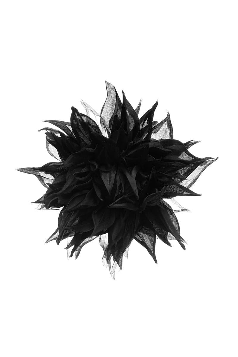 Black flower brooch by BABUKHADIA featuring a detailed floral design, perfect for lapels and accessories.
