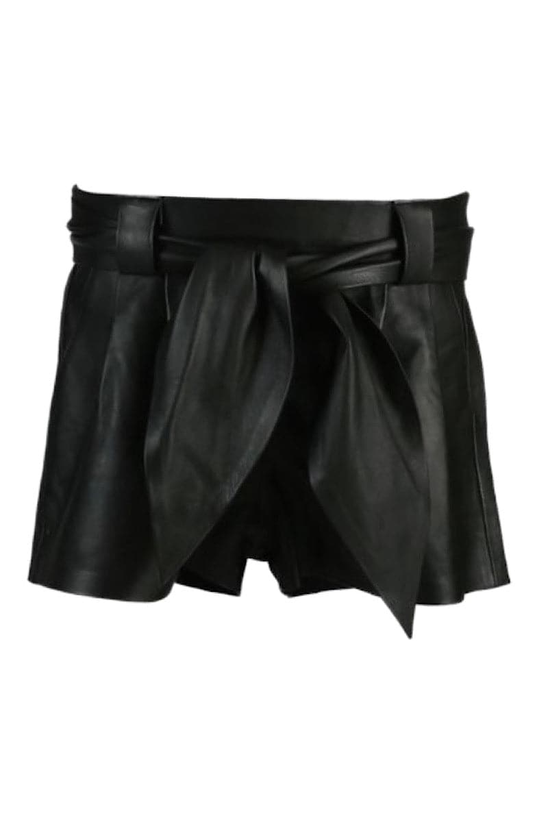 Black Moonbow leather shorts by Double A, featuring a sleek design and fitted style, shown on a model.