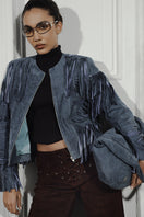 Double A Aurora suede jacket in blue, showing close-up of soft suede material and stylish collar detail.