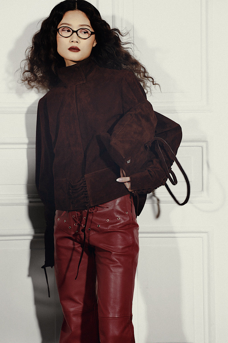 Double A jade suede jacket in brown, stylish and soft with a classic fit, shown on a model.