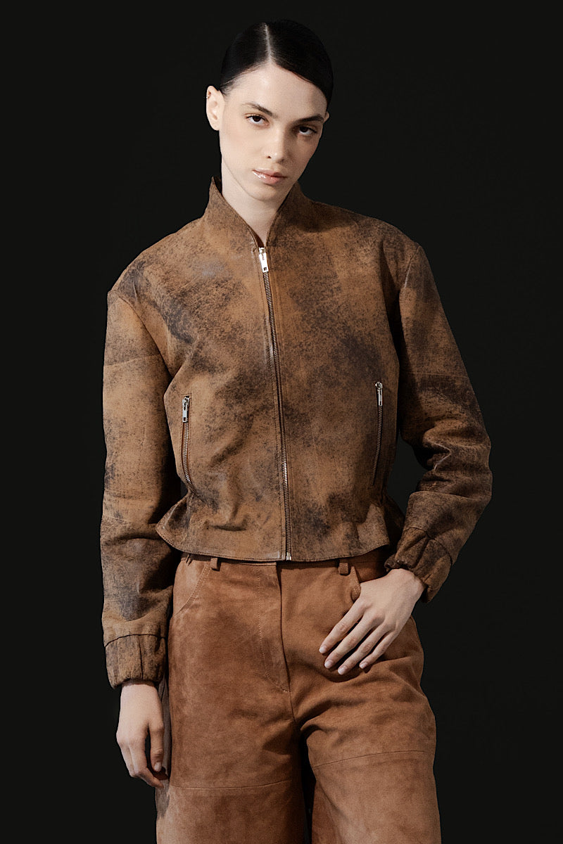 Double A Bennett leather jacket in washed brown, featuring a stylish, textured design and classic collar detail.