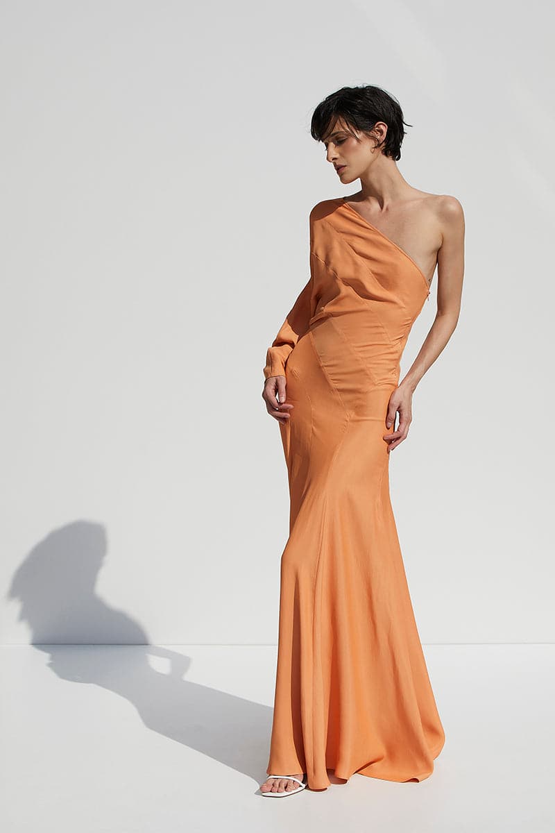 ONE SHOULDER ORANGE MAXI DRESS | CULT MIA | BABUKHADIA ONE SHOULDER ORANGE MAXI DRESS | CULT MIA | BABUKHADIA