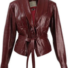 Double A Damien leather jacket in burgundy hanging on a wooden hanger, showcasing its sleek design and rich color.