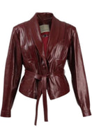 Double A Damien leather jacket in burgundy hanging on a wooden hanger, showcasing its sleek design and rich color.
