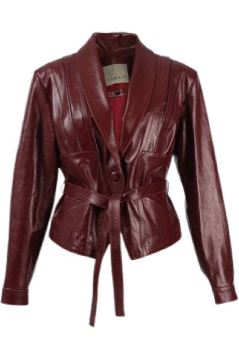 Double A Damien leather jacket in burgundy hanging on a wooden hanger, showcasing its sleek design and rich color.