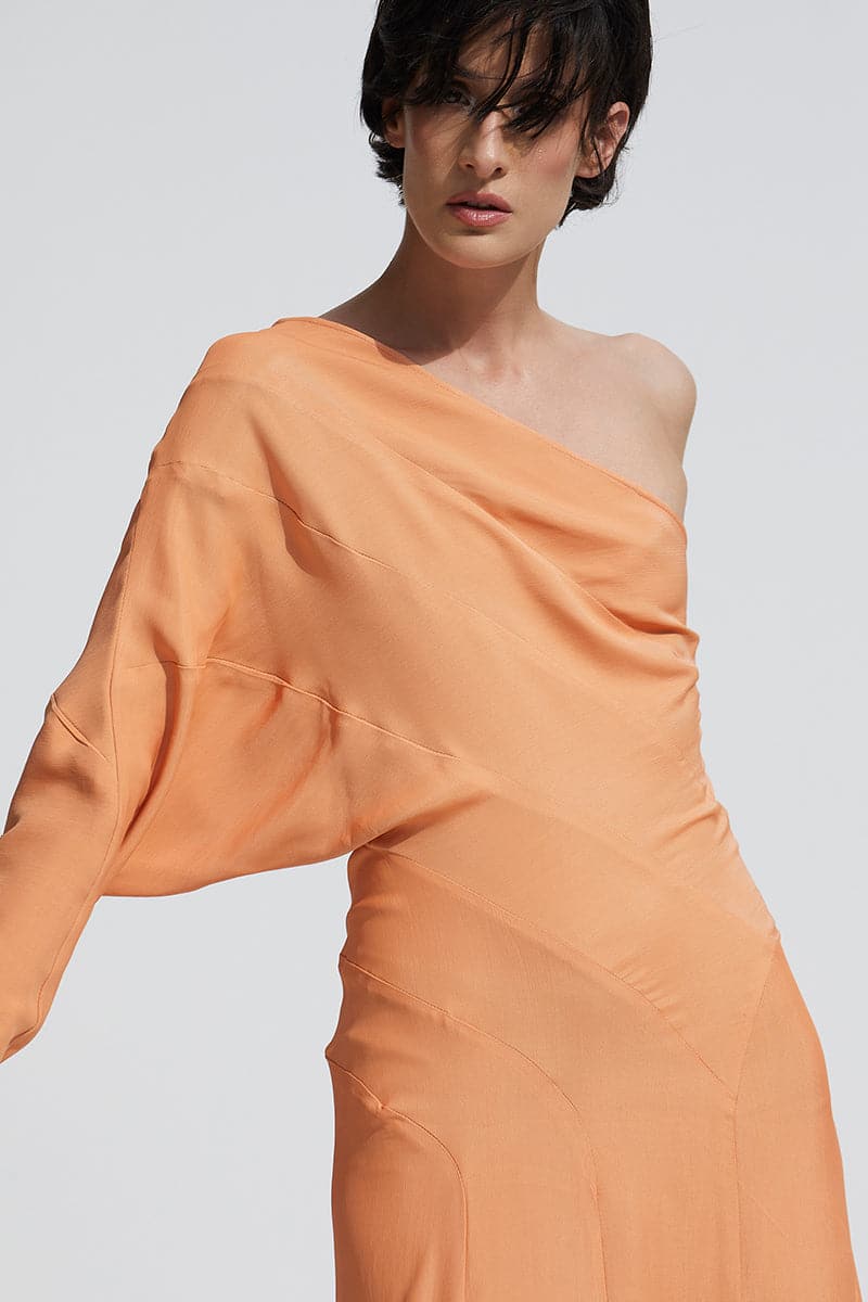 ONE SHOULDER ORANGE MAXI DRESS - CULT MIA