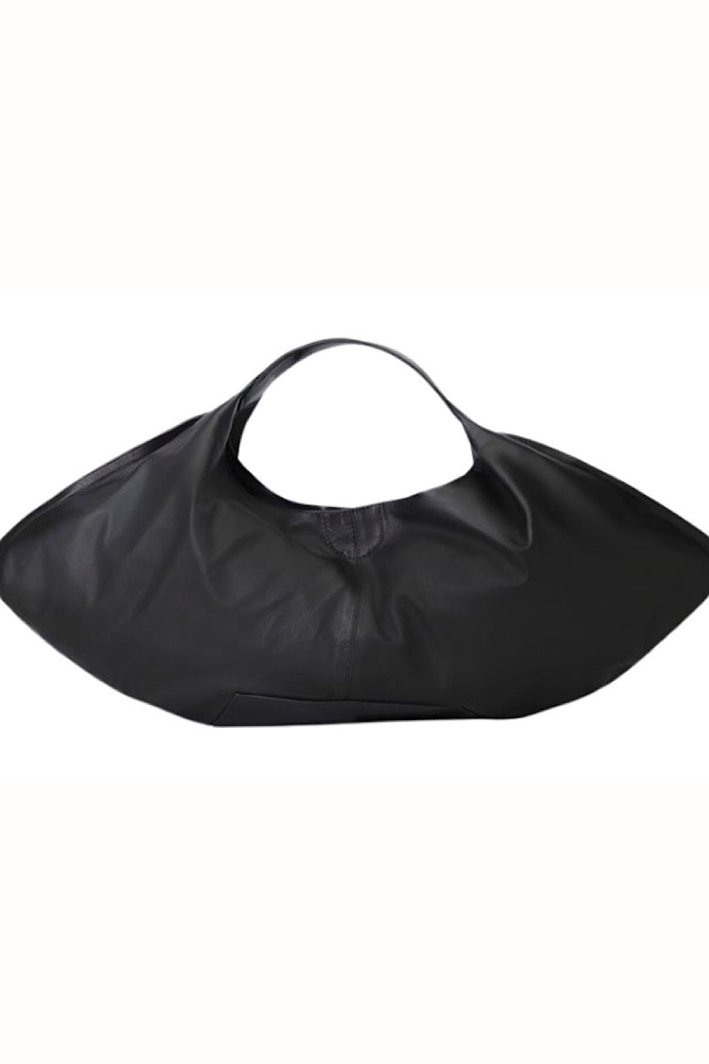 Black oversized leather shoulder bag by Double A, featuring a spacious design with sturdy straps and sleek finish.