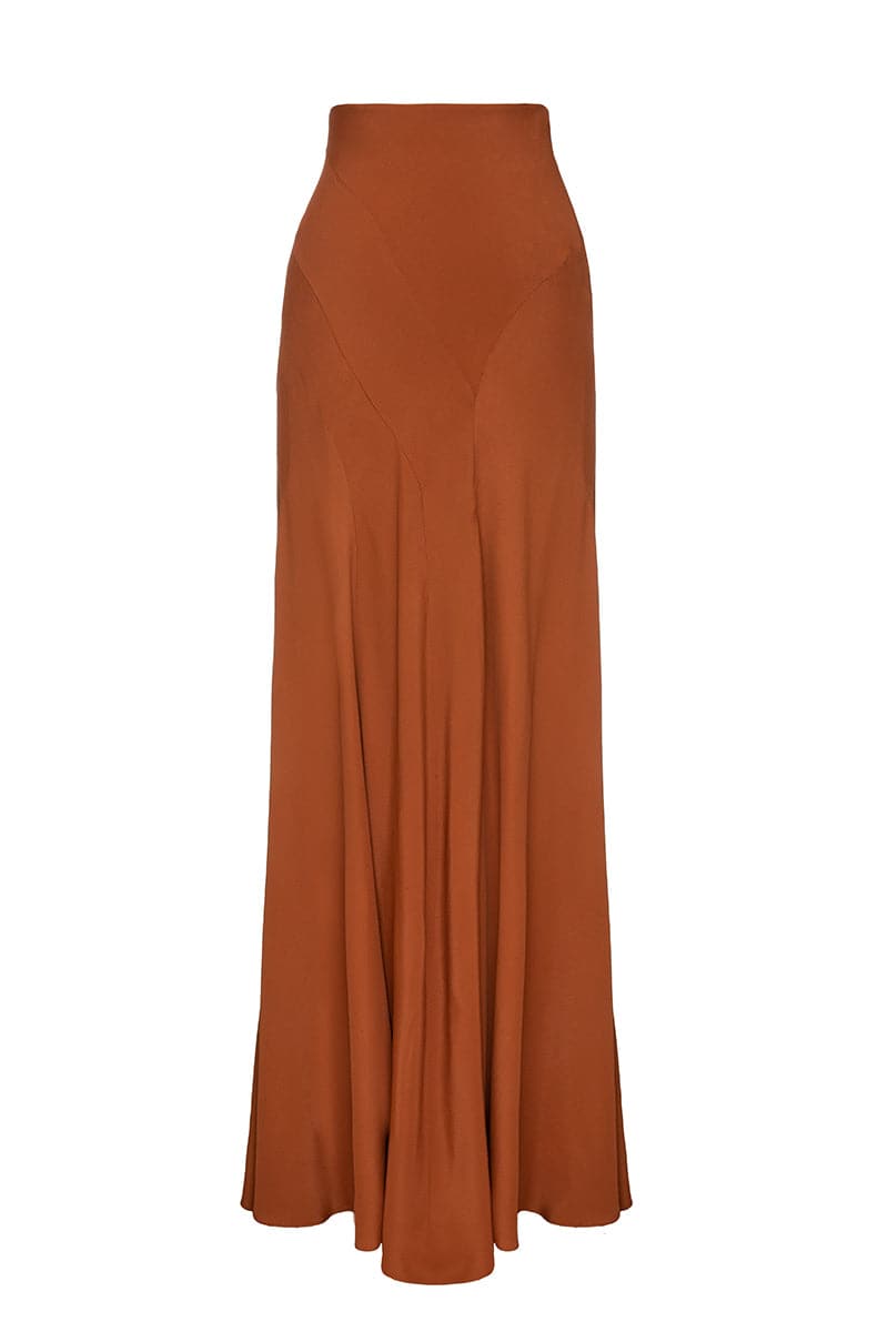 Brown Aliné maxi skirt by Babukhadia, flowing fabric with a stylish length, shown in a full-length view.