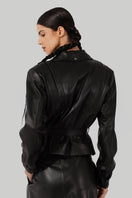 Black Damien leather jacket by Double A, showing front view with detailed leather texture and classic collar design.