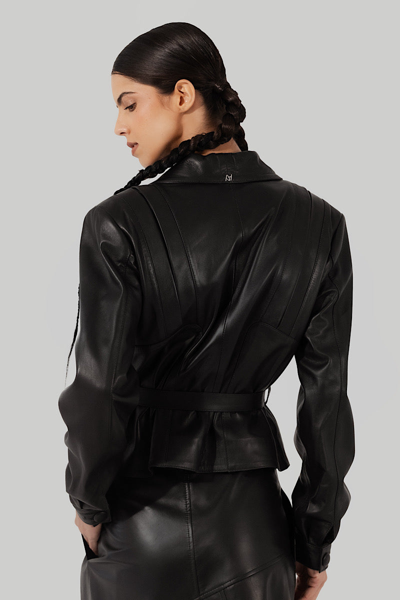 Black Damien leather jacket by Double A, showing front view with detailed leather texture and classic collar design.