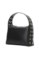 Black Surge leather shoulder bag by Double A with adjustable strap and sleek design, shown with textured leather surface.