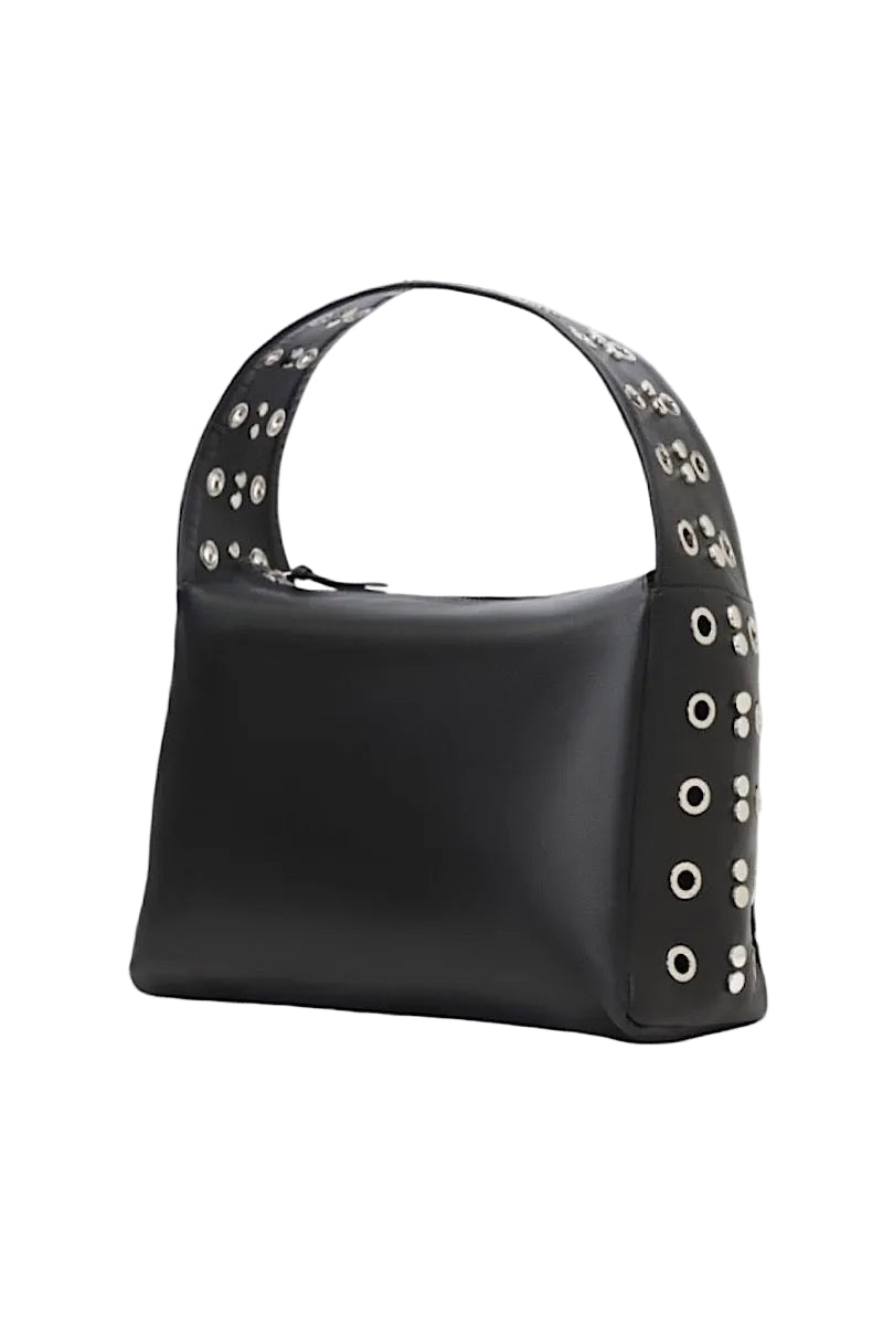 Black Surge leather shoulder bag by Double A with adjustable strap and sleek design, shown with textured leather surface.