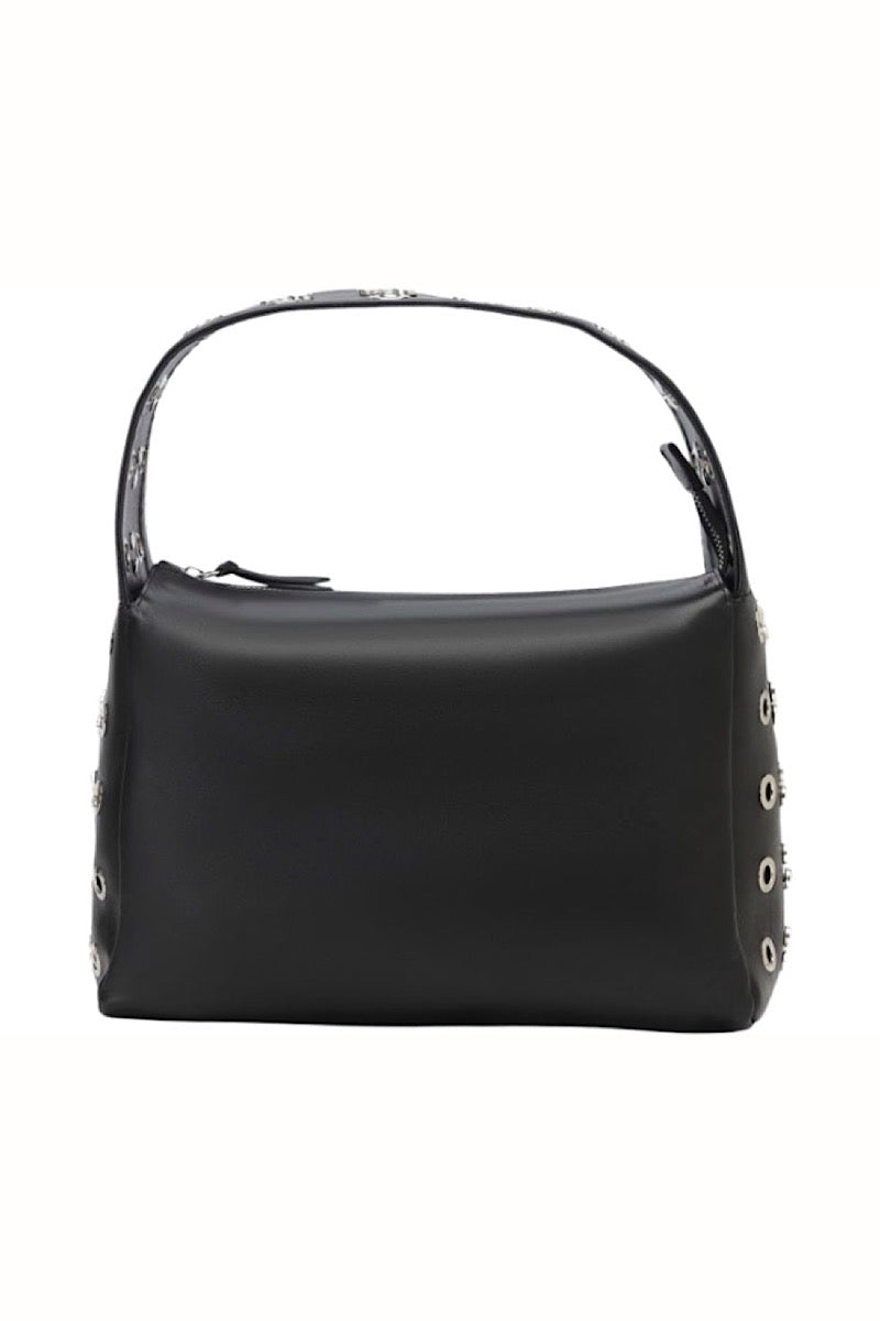 Black Surge leather shoulder bag by Double A with sleek design and sturdy strap, perfect for stylish everyday use.
