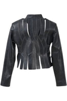 Black Brianna II leather jacket by Double A displayed on a hanger, showcasing its sleek design and smooth leather texture.