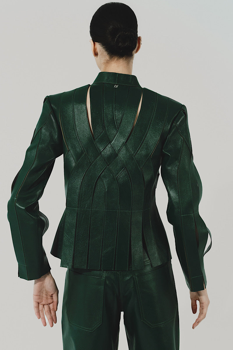 Double A Brianna leather jacket in olive color, featuring a sleek fit and classic design, shown on a model.
