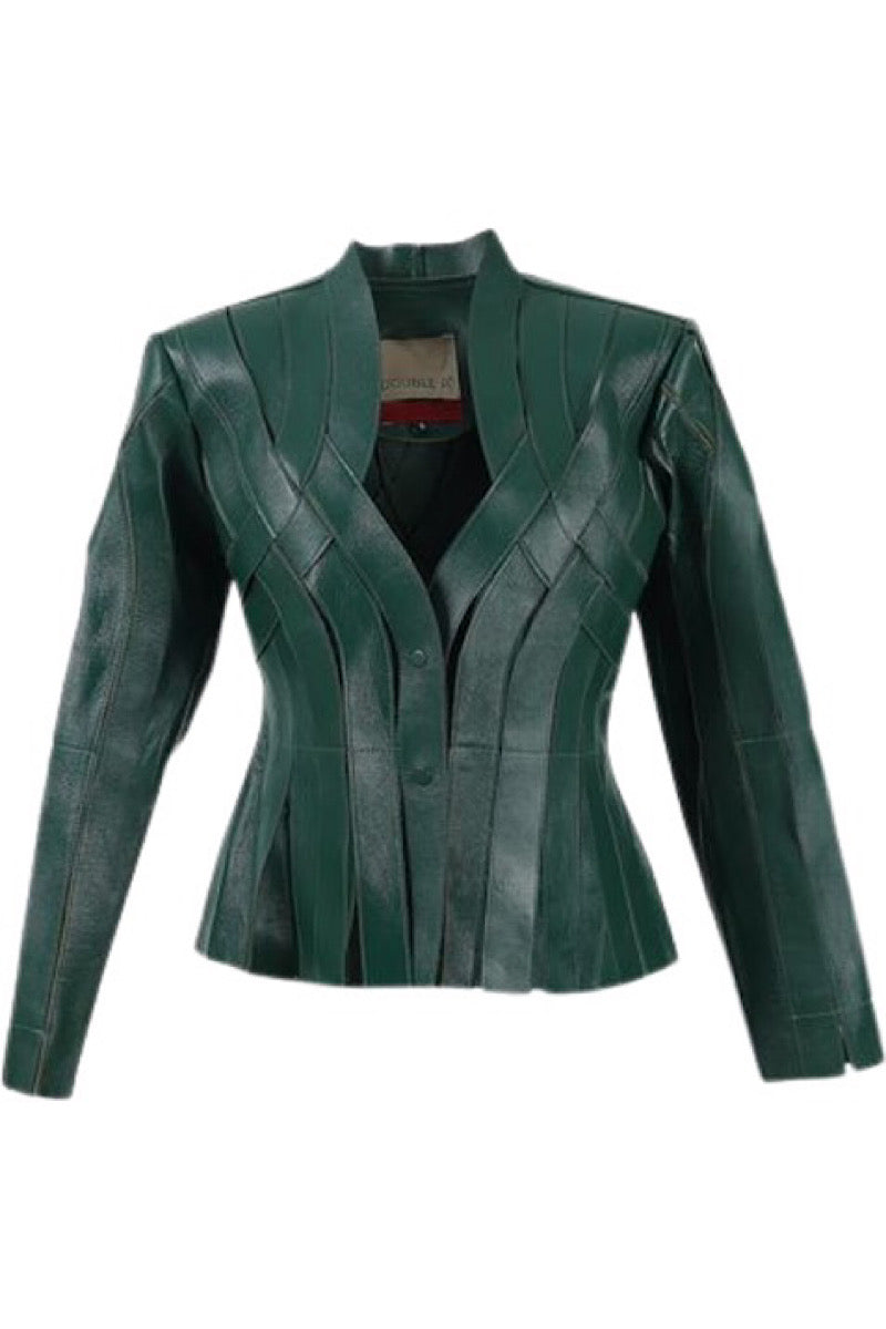 Olive leather Brianna jacket by Double A, stylish women's jacket with a fitted design and sleek finish.