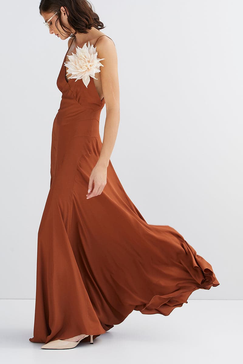 BROWN V-NECK MAXI DRESS - CULT MIA