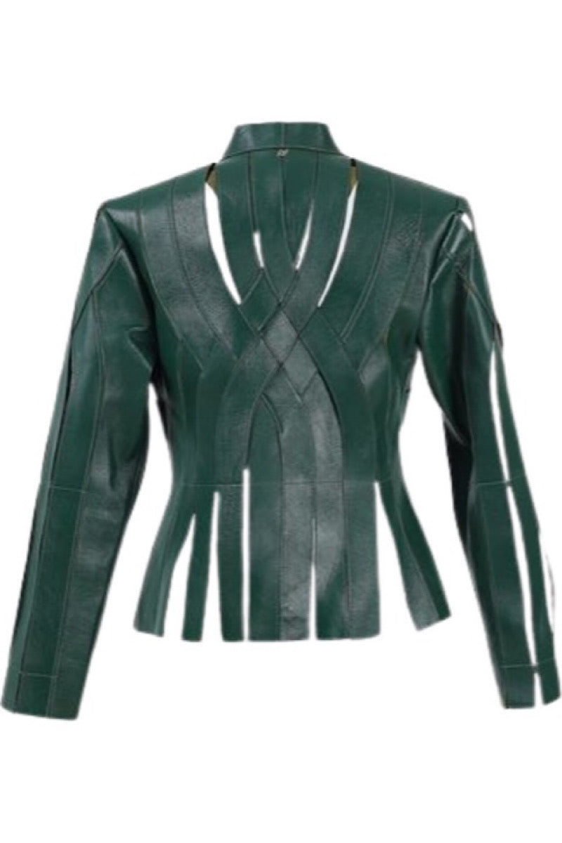Olive brown leather Brianna jacket by Double A, showcasing a stylish, fitted design with classic collar and zip closure.