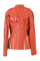 Orange leather jacket by Double A featuring a stylish design, shown on a mannequin with visible zipper details.