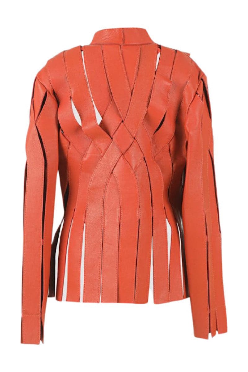 Orange leather jacket by Double A featuring a stylish design, shown on a mannequin with visible zipper details.
