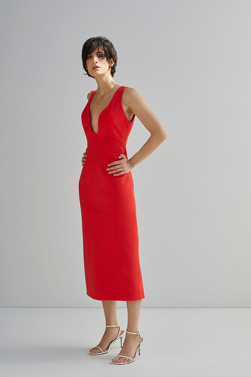 BABUKHADIA Red Fitted Midi Dress | Cult Mia BABUKHADIA Red Fitted Midi Dress | Cult Mia