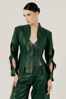 Double A Brianna leather jacket in olive color, showcasing a stylish fitted design with detailed stitching and classic collar.