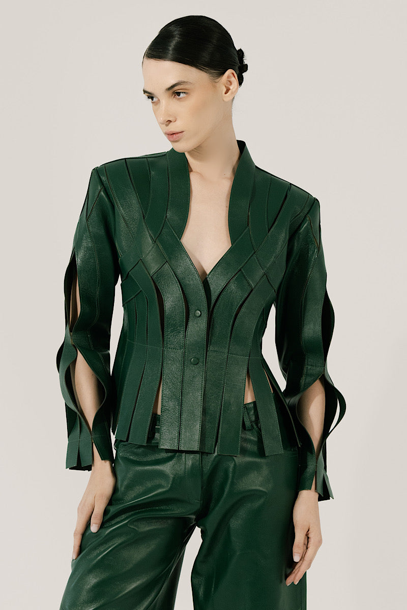 Double A Brianna leather jacket in olive color, showcasing a stylish fitted design with detailed stitching and classic collar.