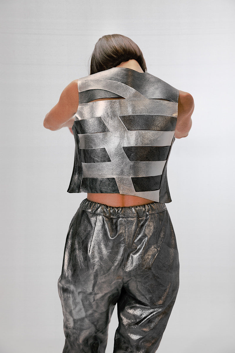 Double A Tempest Cargo Leather Pants in washed silver, showcasing rugged leather fabric and cargo pocket details.