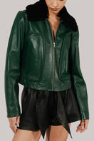 Double A olive leather jacket featuring a stylish emery finish, classic collar, and zip closure, displayed on a hanger.