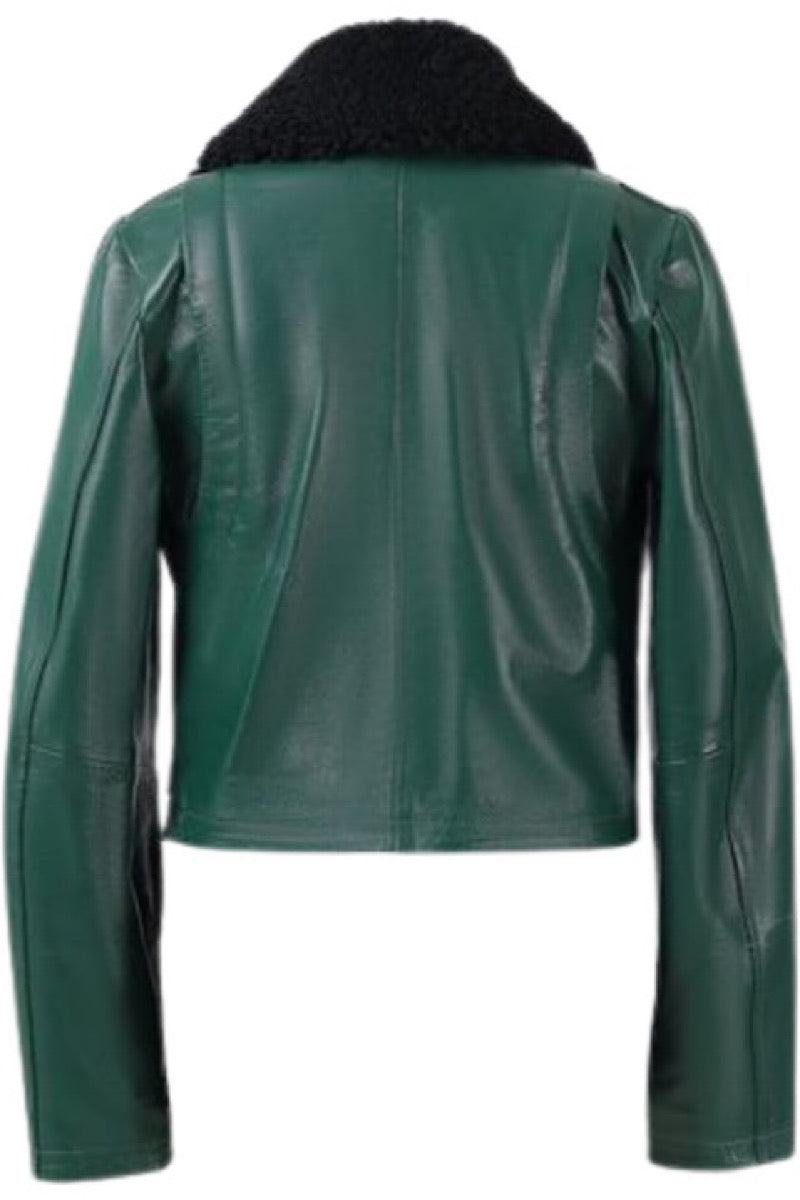 Double A olive leather jacket with a classic design, featuring a smooth emery leather finish and stylish collar details.
