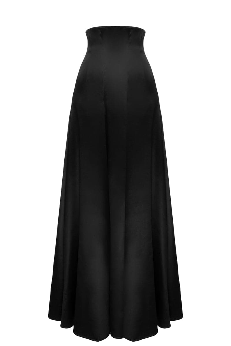 Black Aline maxi skirt by Babukhadia, flowing fabric with a high waist and ankle-length design, showcased on a hanger.