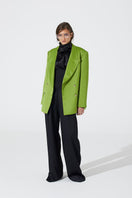 Green wide lapel blazer by Babukhadia, tailored fit with structured shoulders and classic design, displayed on a hanger.