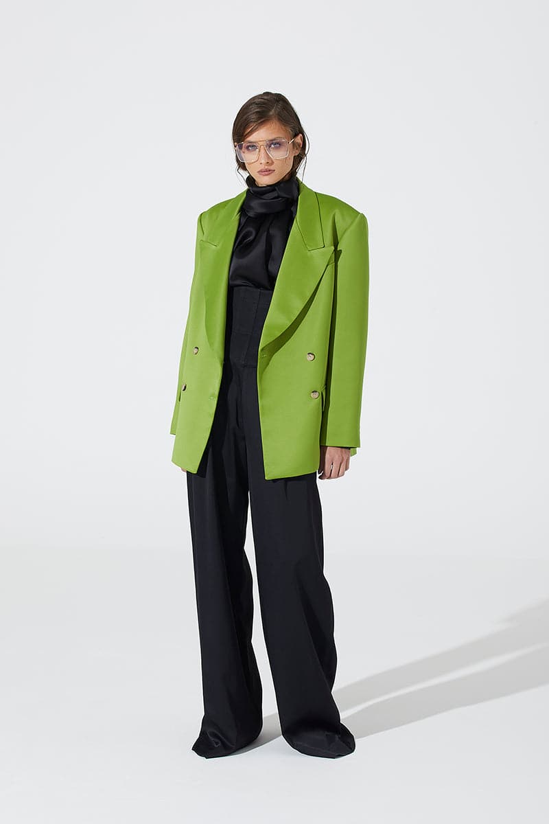 Green wide lapel blazer by Babukhadia, tailored fit with structured shoulders and classic design, displayed on a hanger.