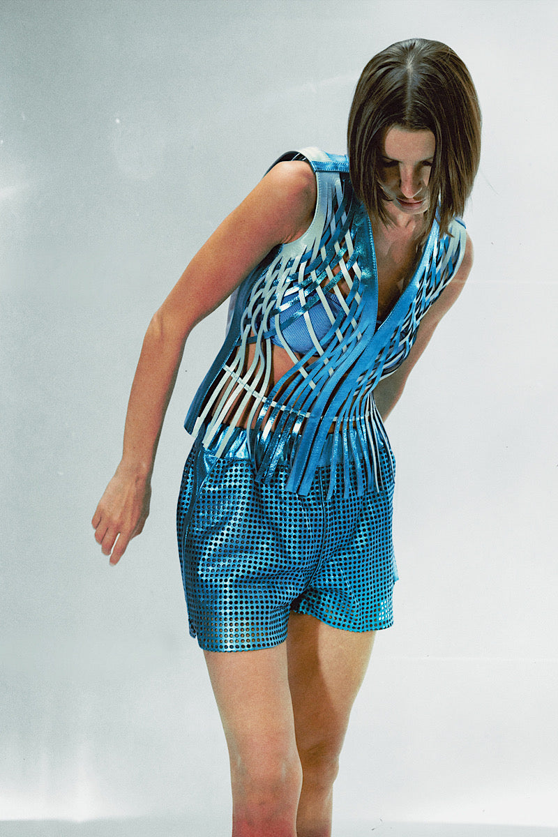 Double A Attalea leather vest in electric blue, featuring sleek design and smooth leather texture, stylish and modern.