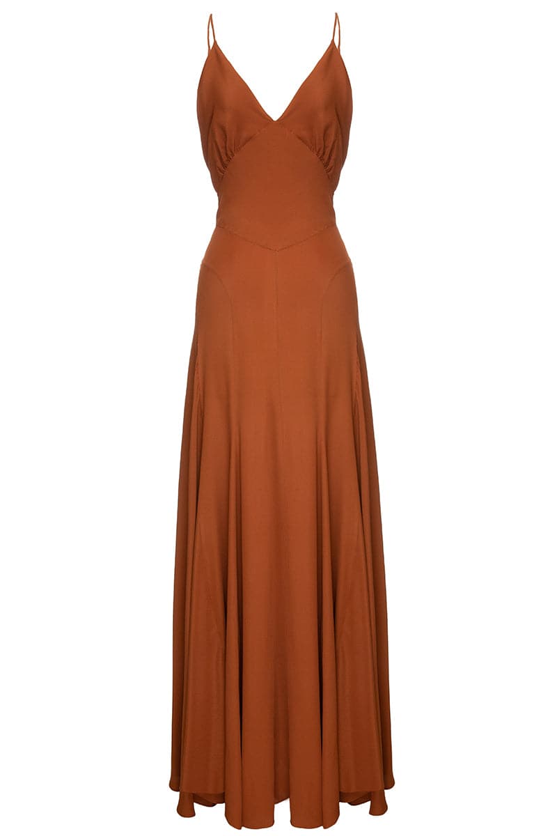 BROWN V-NECK MAXI DRESS - CULT MIA