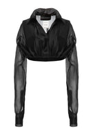 Black silk cropped shirt by Babukhadia featuring a stylish, fitted design with long sleeves and a classic collar.