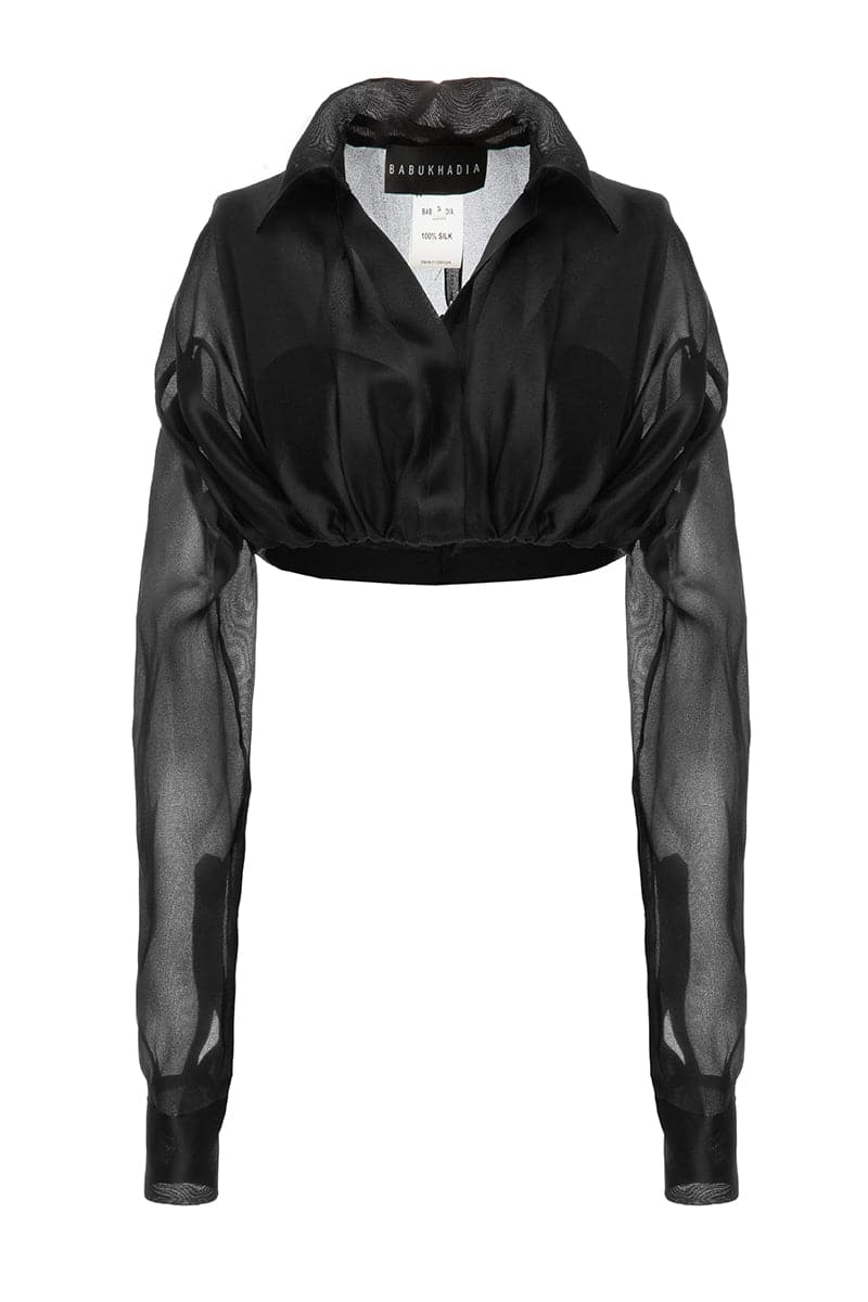Black silk cropped shirt by Babukhadia featuring a stylish, fitted design with long sleeves and a classic collar.