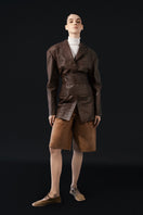 Double A Everett leather coat in brown crocodile pattern, stylish and fitted, displayed on a hanger.