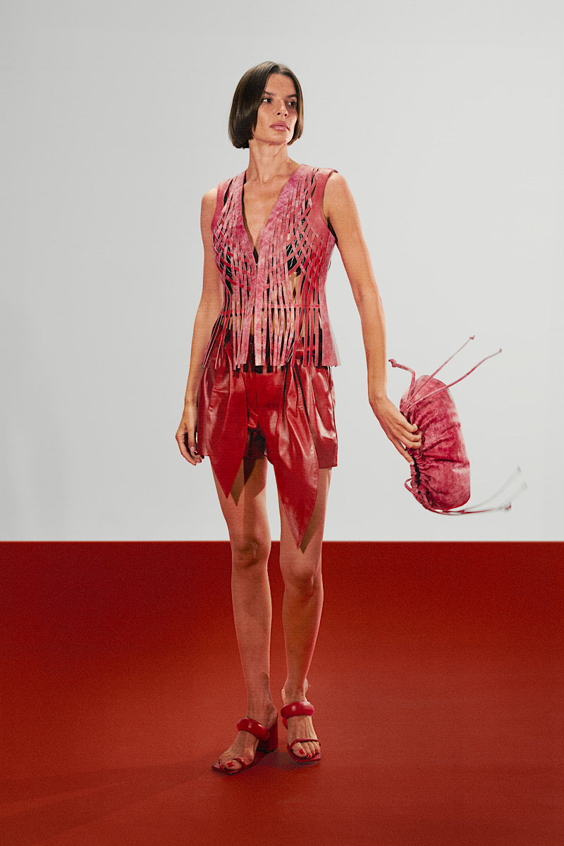 Red Attalea leather vest by Double A featuring a sleek design and smooth leather texture, shown on a neutral background.