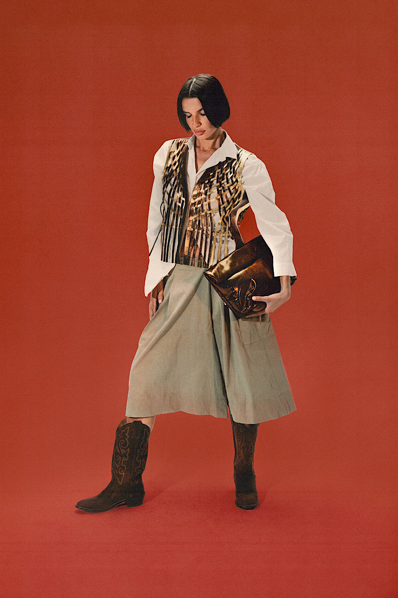 Double A Attalea leather vest in copper, showcasing a stylish sleeveless vest with smooth leather texture and metallic copper finish.